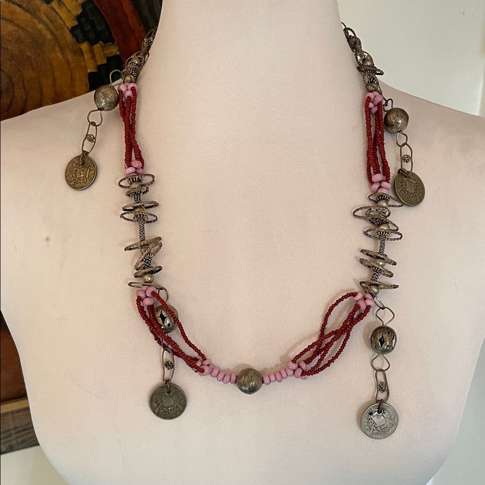 Antique Handcrafted Guatemalan Chachal Nickel Coins Coral Beads Necklace